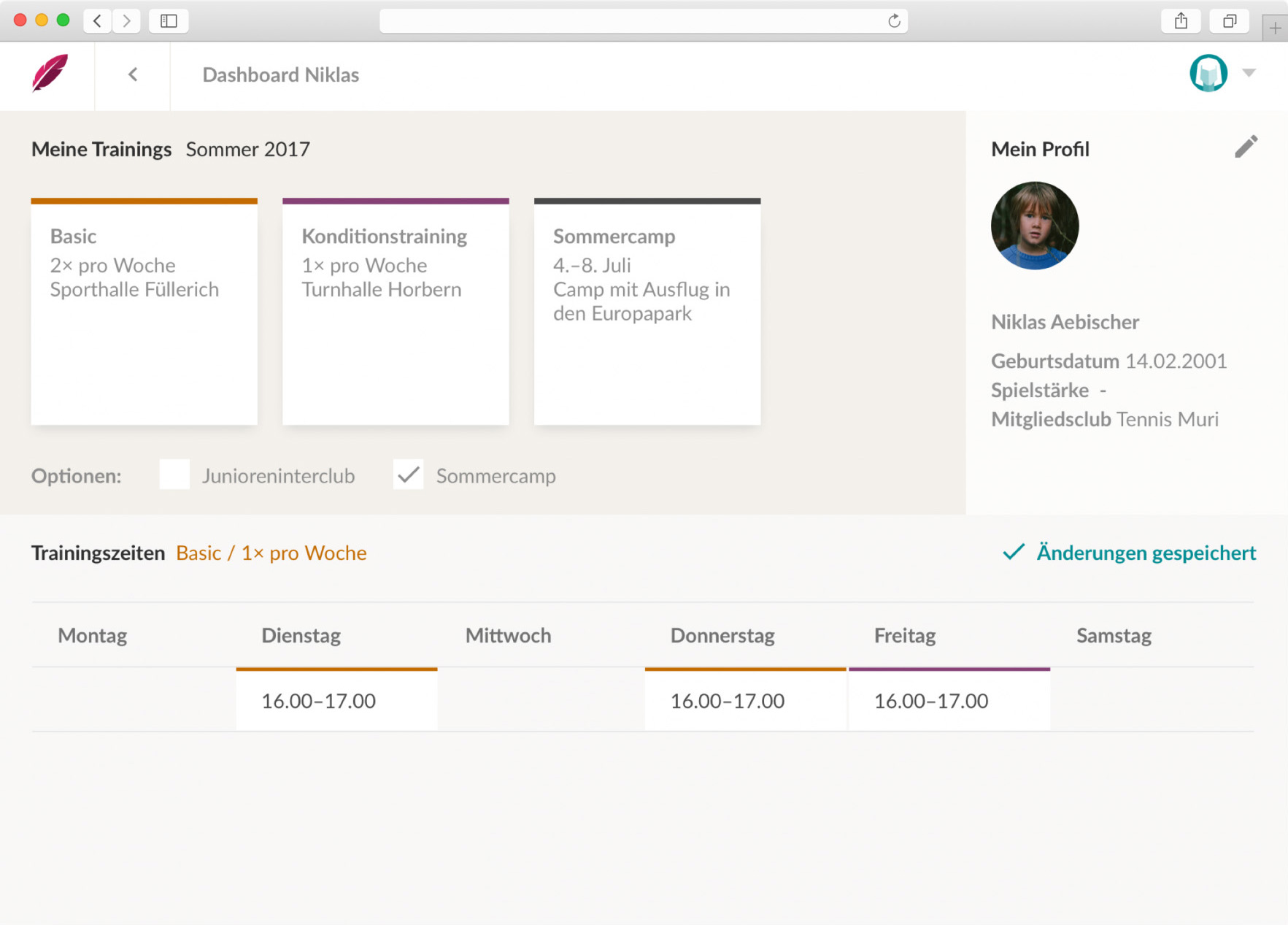 Spielerprofil mit Trainingsübersicht